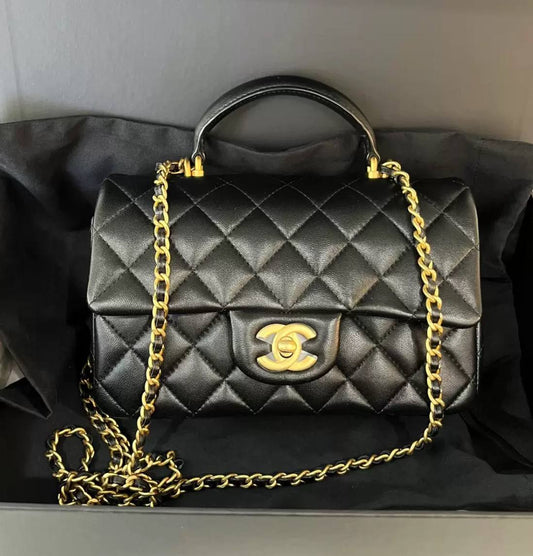 Brand New Chanel Mini Rectangular Top Handle in Black Lambskin GHW - microchip