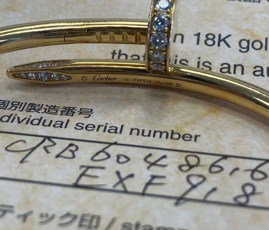 Cartier Juste Un Clou Classic model in 18k yellow gold, diamonds, size 16