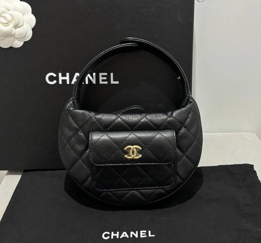 CHANEL 23B Mini Top Handle Bag in Black Caviar GHW - microchip