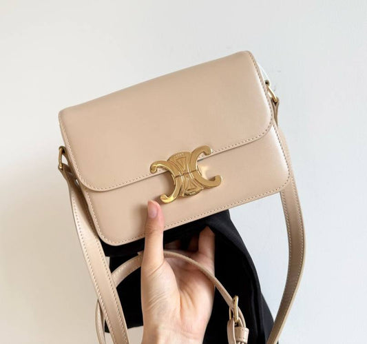 CELINE Teen Classic Triomphe Shoulder Bag in Beige Leather